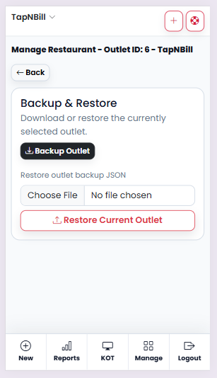 Backup and restore screen
