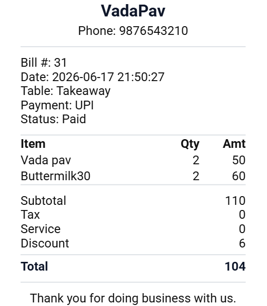 Bill receipt screen