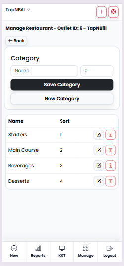 Categories screen