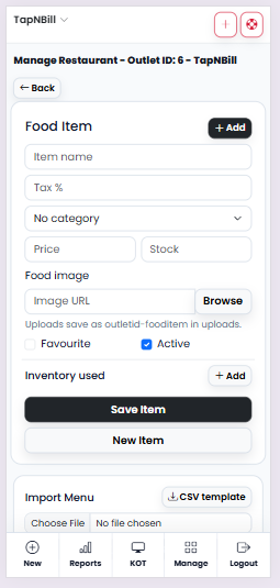 Food item addition screen