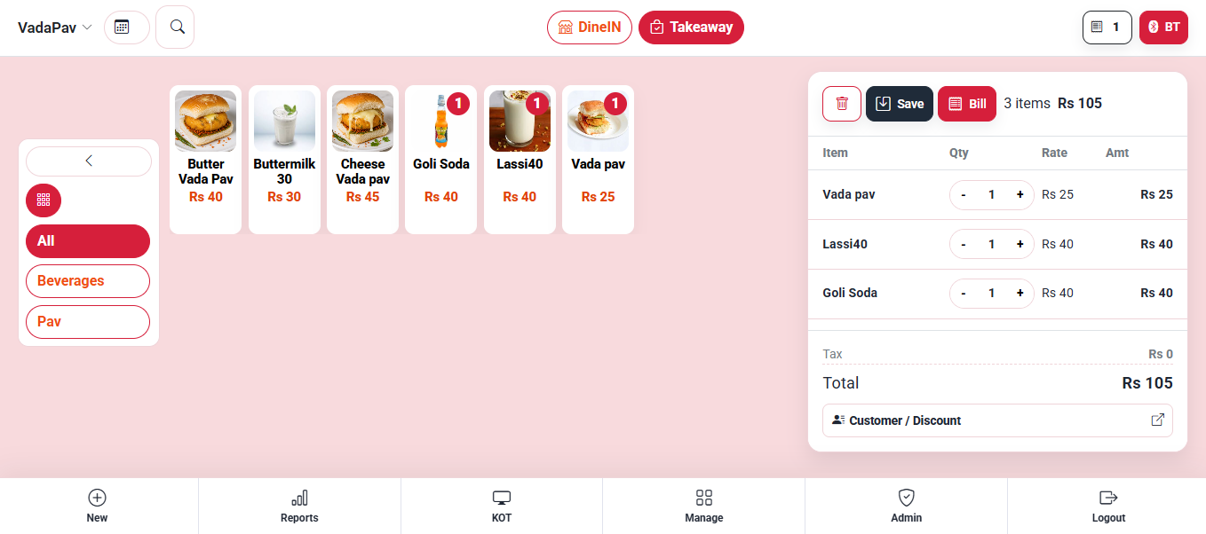 TapNBill desktop POS screen